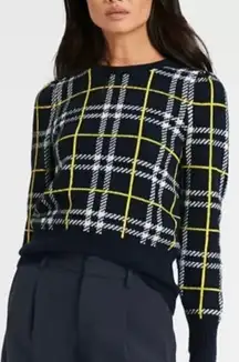 Banana Republic Navy Blue Plaid Aire Puff Sleeve Wool Blend Sweater Size Medium