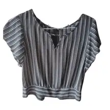 iZ Byer Black White Striped V-Neck Crop Career Flowy Women's Blouse Size Medium