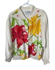 Vintage Diane Gilman 3X Floral Hand-Painted Sequin Jacket 100% Silk Lightweight