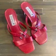 Brighton Red Terry Croc Embossed Leather Square Toe Sandals 90's Y2K Vintage