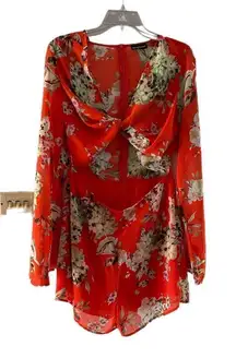 PrettyLittleThing Jaiden orange flower print bell sleeve romper size 12