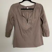 J. Crew linen long sleeve top in taupe
color. Sleeves could be rolled up. Size S
