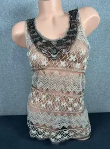 Awake by OS Large Womens Top Tank Lace Crochet Y2K Beaded Boho Beige Sleeveless