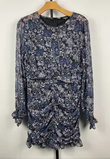 Vici Blue Purple Black Floral Ruched Long‎ Sleeve Chiffon Mini Dress Size L