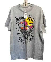 Gray Broom Hair Don't Care Graphic‎ Short Sleeve T-shirt Size XL Halloween Cow
