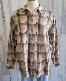Vintage Plaid Button-Up Shirt 1X‎ Cozy Fall Style Leaf Accents Thanksgiving