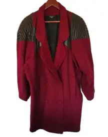 Vintage ADA Red Maroon Wool and Black Leather Pea Coat Women's Size 11-12