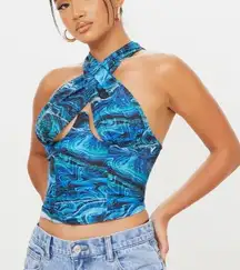 Petite Blue Abstract Marble Cross Over Zip Crop