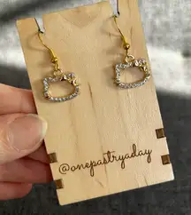 Fun, Sparkly Hello Kitty Rhinestone Dangle Fashion Earrings, Gold, Clear