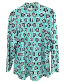 Lulu-B Women's XL Aqua Blue White Print Quarter Zip Top Resortwear Vacation