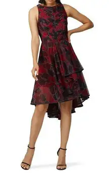 HALSTON Black Red Cherry Floral Print Sheer Sleeveless Tulle Full Skirt Dress 10