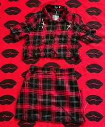 NWT black red plaid tartan cross two piece set S