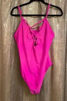 Forever 21 Neon Hot Pink Lace Up Front One Piece Swimsuit, XL