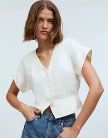 Madewell Pleated Short-Sleeve Top Antique Cream V-Neck Blouse NWT Size XS