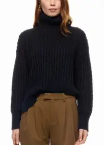 Adam Lippes Blue Turtleneck Logo Sweater MEDIUM Soft Chunky Wool Oversized $300