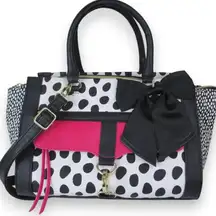 Betsey Johnson Pink, Black and White Polka Dot Heart Clip Satchel