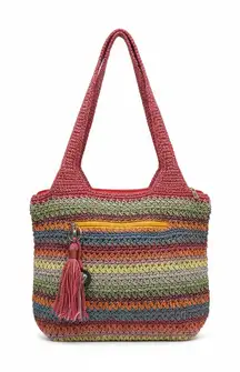 The Sak Crochet Striped Tote Bag Multi-Color Tassel EUC Boho Cottagecore