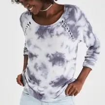 AMERICAN EAGLE Shoulder Stitch Sweater Gray Black ? Tie Dye Boho Crew Neck Boho