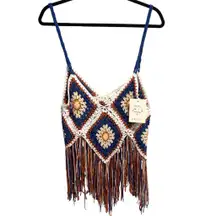 NWT Rebellion Again Granny Square Crochet Fringe Tank Top S Boho Festival Hippie
