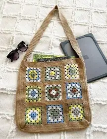 Crochet Granny Square Shoulder Tote Bag Beige, Tan Book Bag