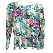 Charming Charlie Women's Floral Top Blouse Long Sleeve Peplum Multicolor Medium