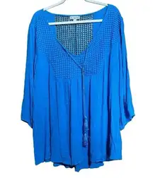 Live and Let Live Tunic Top Womens 3X Blue Crochet Gauze Lagenlook Blouse