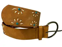 Brown Floral Embossed Leather Belt Faux Turquoise Accents Brass Buckle Women's