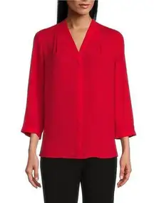Dina Be- Red Petite Caroline Signature V-Neck 3/4 Sleeve Blouse Size S