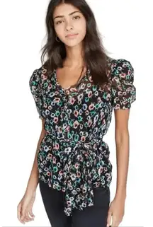 Jason Wu Top Blouse Puff Sleeve Floral Tie‎ Belted Chiffon Raw Edge Silk Size 2