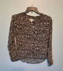 TREASURE & BOND Brown & Beige Shirred Floral V-neck Blouse w Shirt Tail Sz S