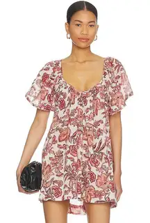 Free People Kauai Getaway‎ Printed Mini Dress Ivory Red Bow Pocket Flowy Boho S