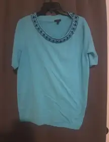 TALBOTS Blouse Womens XL Silk Short Sleeve Blue Beaded Sweater Cardigan Shirt