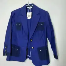 CAbi Blue Canvas Blazer Gold Button Accents Set Size 6 Skirt 8