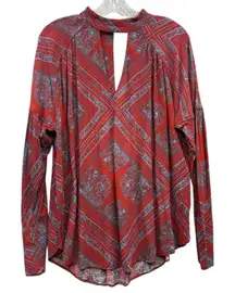 Free People Women's Walking On A Dream Tunic Red Blue Paisley Keyhole Boho S