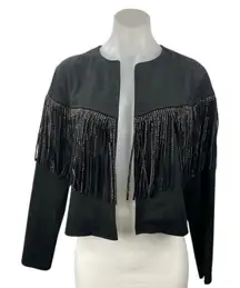 Zara Women's Black Faux Leather Suede Rhinestone Fringe Cropped Jacket Size S