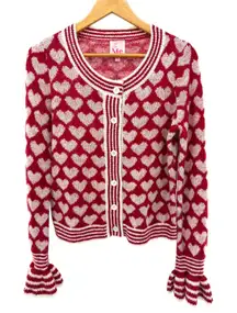 So Me Red White Heart Pattern Knit Cardigan Long Sleeve Ruffle Cuff Women's M