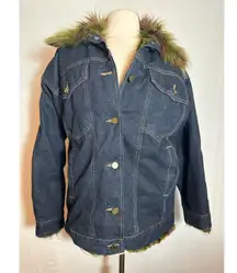 Urban Outfitters BDG Denim Jacket Green Faux Fur Trim Size M/L NWT