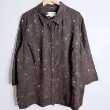 Sag Harbor Brown Floral Embroidered Blouse 3X Suede Feel Cuff Slit Casual Boho