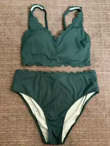 Cupshe Green Scallop Trip Lace Up Back High Rise Bikini Set Large NWT