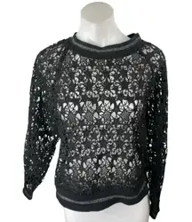 Zara Black Long Sleeve Star Open Knit Crochet Crew Neck Sweater Sweatshirt S