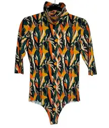 Commando Leaf Printed Neoprene Short-Sleeved Turtleneck Bodysuit - Size L