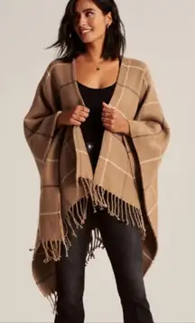 Abercrombie & Fitch Women’s Tan plaid fringe shawl knit cardigan Poncho OS