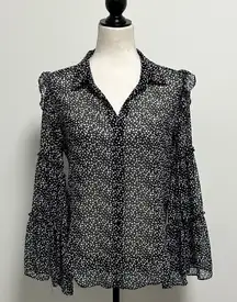 Misa Black White Polka Dot Sheer Button Up Bell Ruffle Sleeve Hi Lo Blouse XS