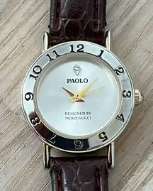 Paolo Gucci Rare Diamond Ladies Watch Gold-Tone Dial Case Brown Leather Strap