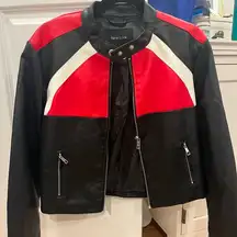 New Look Women's Leather Jacket in Red, Black, and White