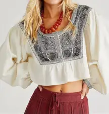 FREE PEOPLE Iggie Embroidered Crop Top White With Blue Embroidery NWT Size XS