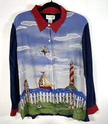 Quacker Factory Womens 100% Silk Button Up Top Size‎ Large Nautical Sequin Art
