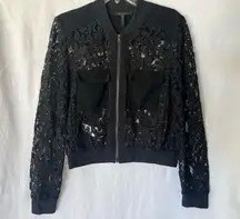 BCBGMAXAZRIA Women's Black Lace Bomber Jacket Size M Long Sleeve Zip Front