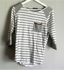 PINK CLOVER Curved Hem 3/4 T-SHIRT Mariniere Striped Pullover M