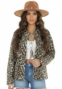 Bibi Leopard Print Shacket Womens S Brown Black Denim Oversized Boho Western